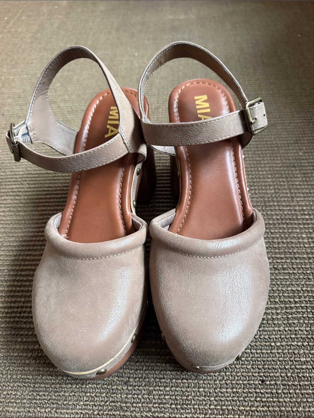 MIA Taupe Round-Toe Ankle-Strap Clogs